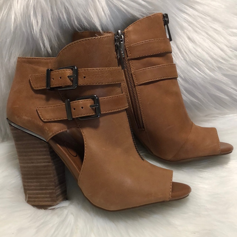 Jessica Simpson Tan Peep Toe Ankle Boots with Buckles